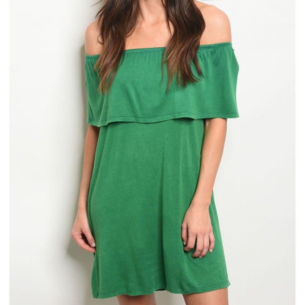 Green Ruffle Off Shoulder Mineral Wash Tunic Dress